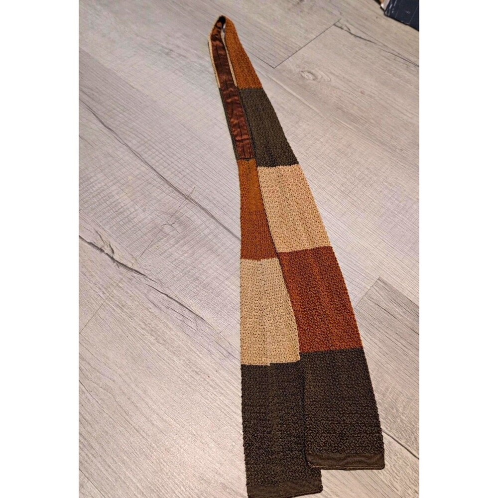 Vintage Square End Knit Necktie Brown Rust Tan Geometric Color Block Retro 50"